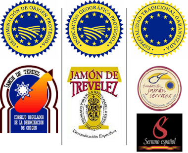 Etiquetas y sellos de los diferentes tipos de jamón serrano